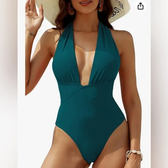 ZAFUL Halter OnePiece Swimsuit Deep V Neck Bathing Suit Crisscross Back  Self Tie